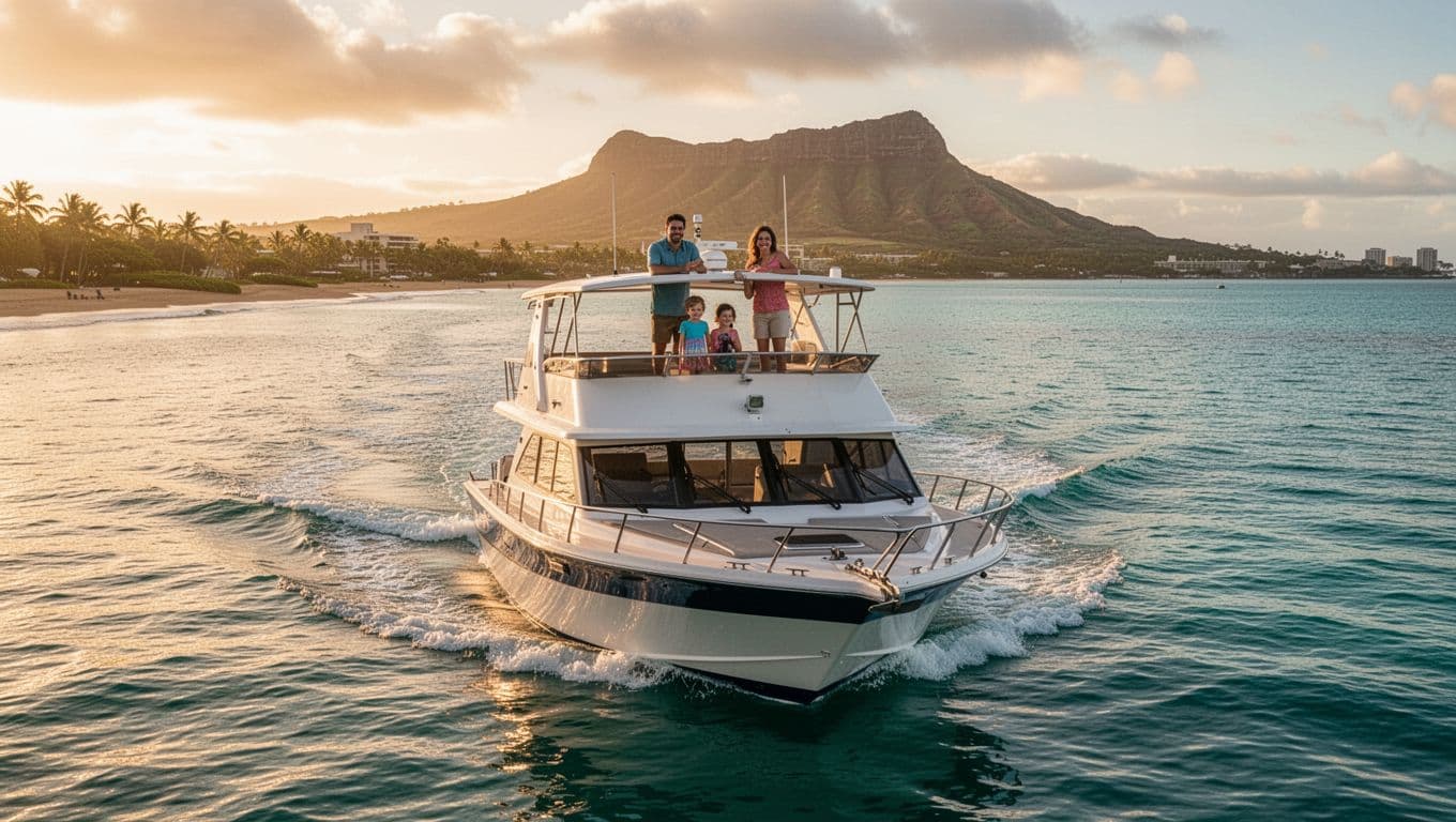 Double-decker powerboat gliding through turquoise waters near Waikiki Beach in golden morning light, with Diamond Head in background and joyful family of four on upper deck.