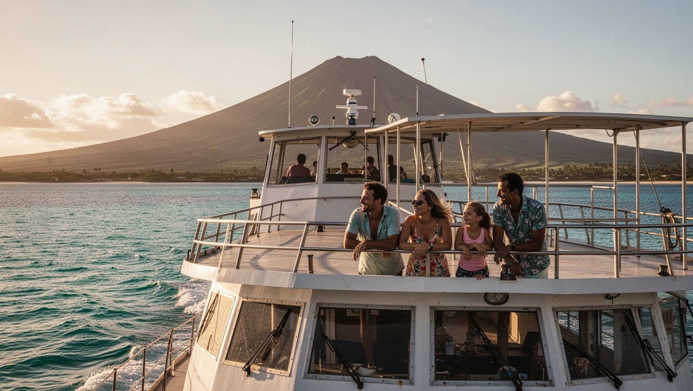A double-decker boat glides through calm turquoise ocean waters off Waikiki Beach with Diamond Head volcano in the background, as a family of four relaxes on the open upper deck enjoying the sea breeze on a bright sunny Hawaiian day.