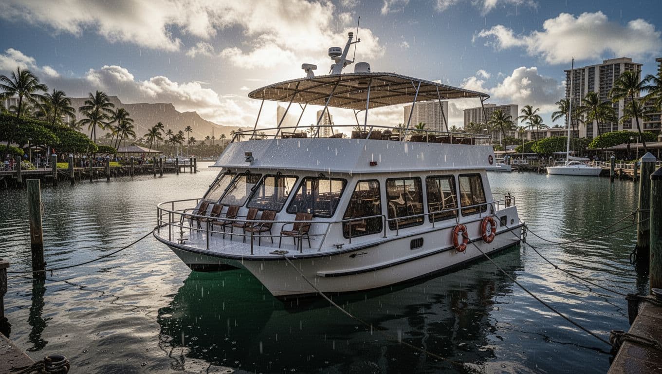 Sparkling clean double-decker boat in calm harbor waters reflecting clearing sky.