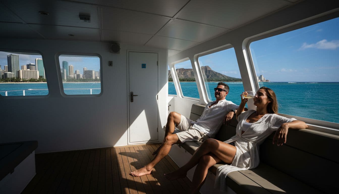 Interior view of a double-decker boat on Waikiki tour showing clean restroom door in background with passengers relaxing on shaded deck and ocean views through windows in cinematic style.