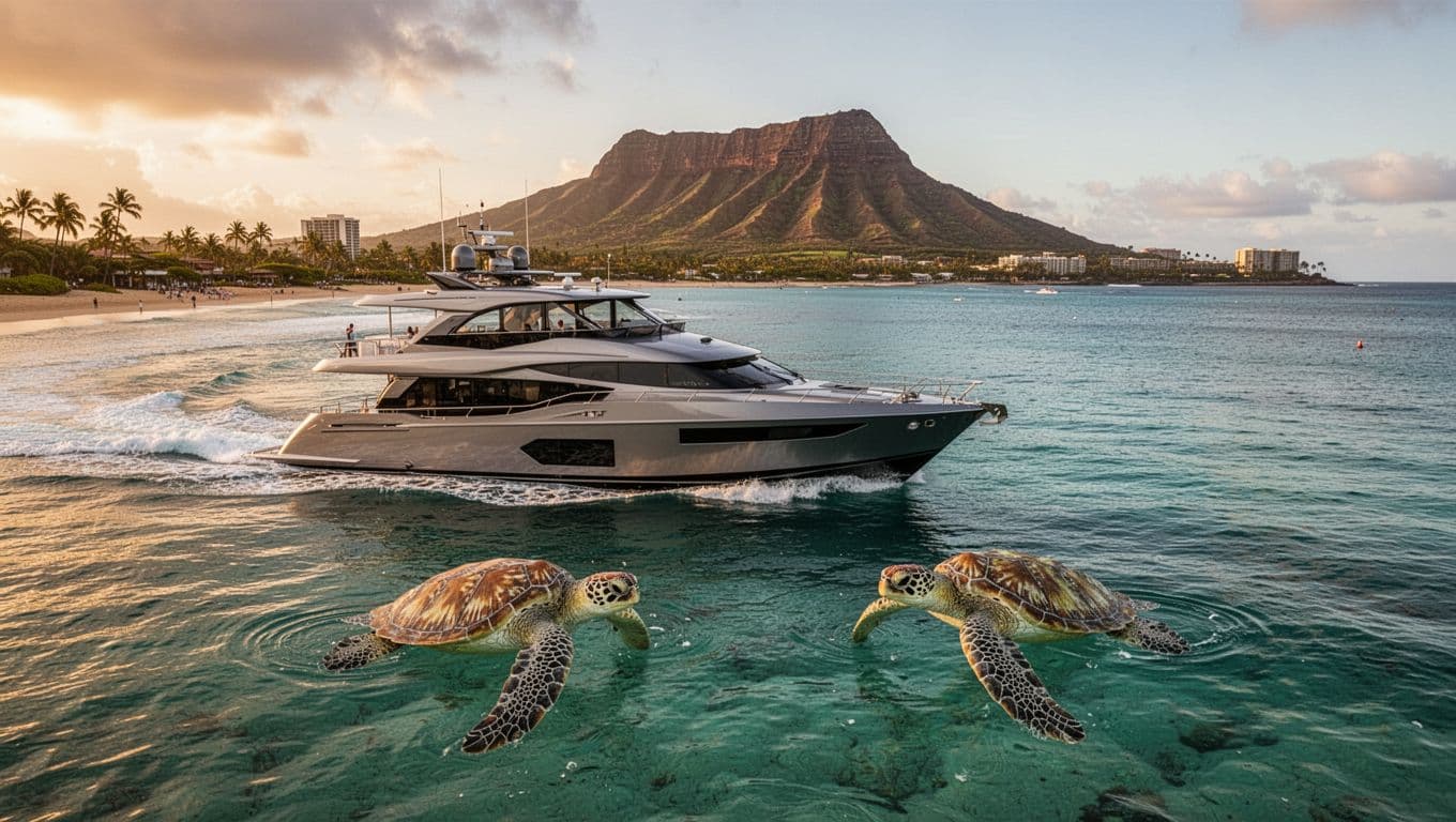 Double-decker powerboat cruises turquoise waters off Waikiki with two green sea turtles swimming nearby and Diamond Head visible.