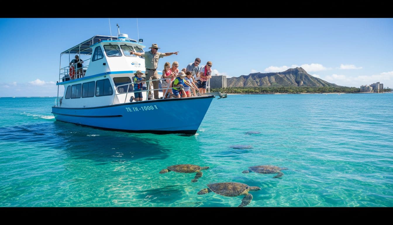 Tourists on a stable double-decker boat near Waikiki coast enjoy a family-friendly tour as a professional guide points out sea turtles in clear blue water, captured in cinematic style with bright daylight.