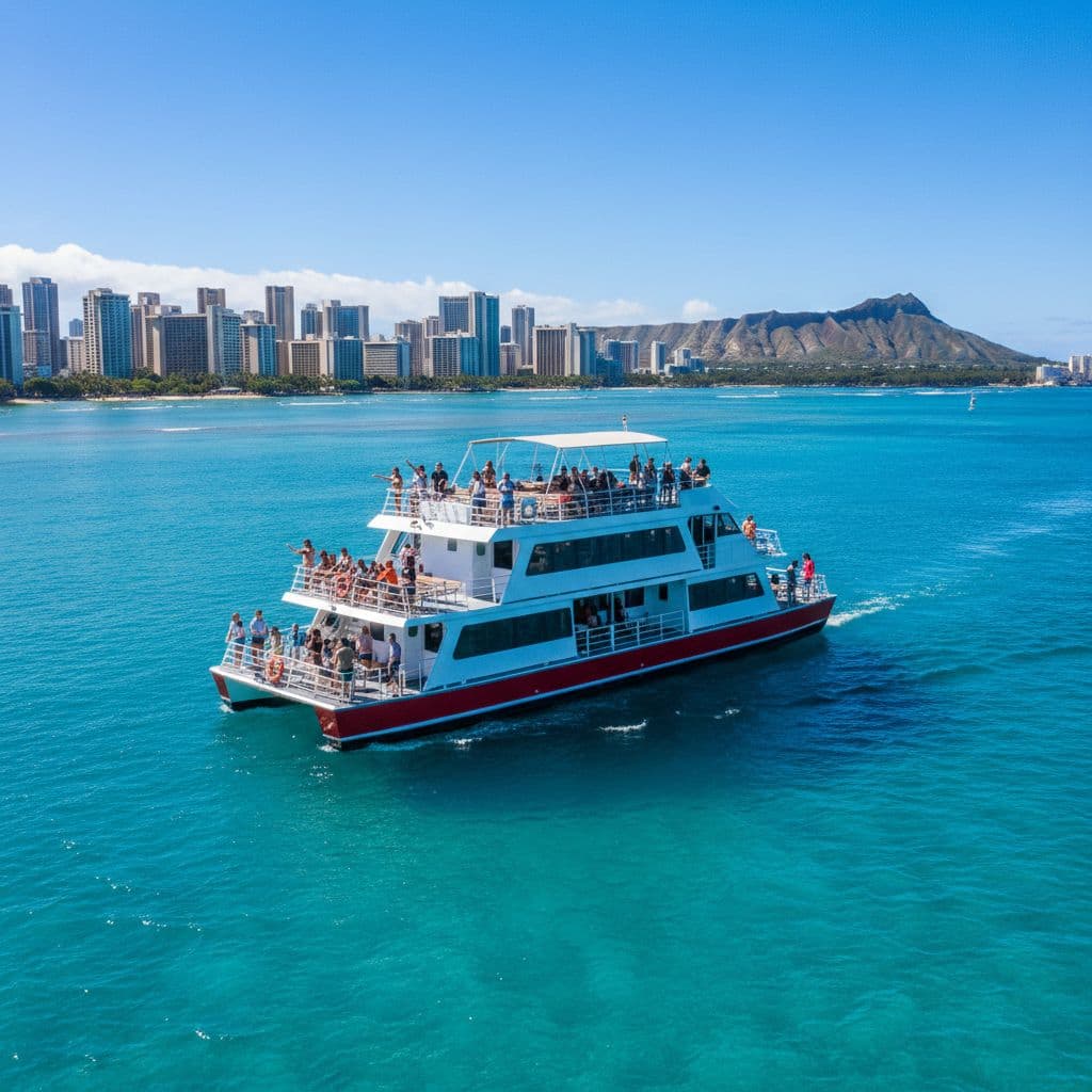 Double-decker boat cruises clear blue waters off Waikiki coast with city skyline and Diamond Head.