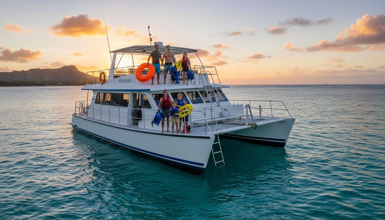 A double-decker boat anchored near Waikiki coast in calm blue waters, with 4-5 snorkelers casually grouped on deck holding float belts and life jackets, under a Hawaiian sunset.