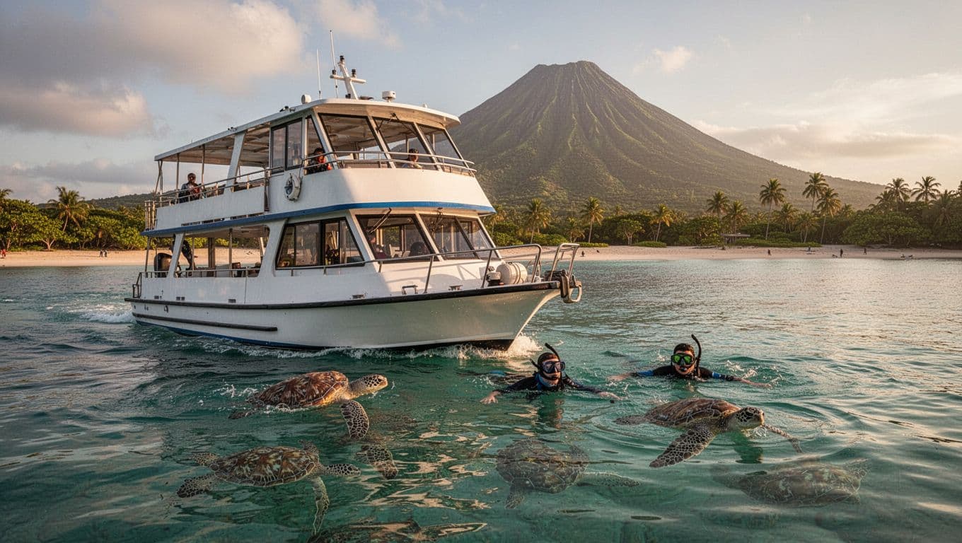 Double-decker boat cruises turquoise waters off Waikiki Beach, Diamond Head in background, two snorkelers spot sea turtles nearby.