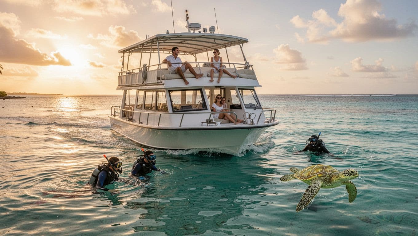 Double-decker boat cruises turquoise waters off Waikiki Beach with families snorkeling nearby Hawaiian green sea turtles in a sunny golden hour setting. Cinematic wide ocean view focuses on the boat, two snorkelers in water, two on boat, and one turtle visible.