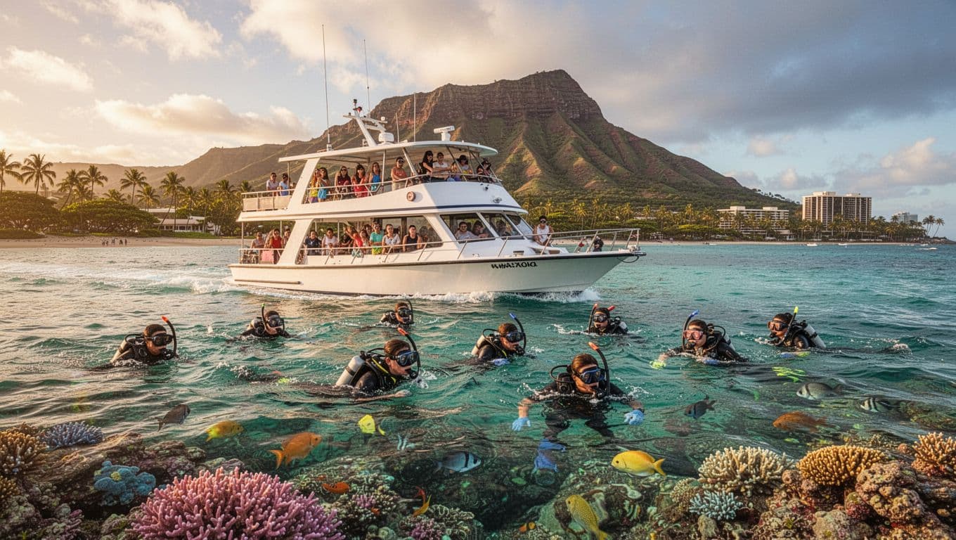 A double-decker boat cruises along the Waikiki coastline at golden hour, with passengers on deck and snorkelers nearby amid turquoise waves, Diamond Head in the background, and vibrant coral reefs underwater. Medium shot from water level captures excitement, marine life, strong contrast, and dramatic lighting.