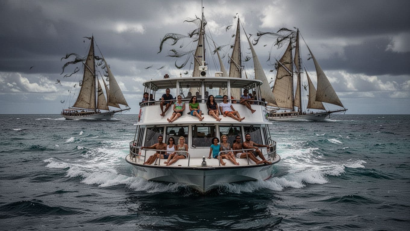 A double-decker tour boat holds steady on choppy ocean waves off Waikiki, Oahu, with a diverse group of 4-6 relaxed passengers on deck and wind-swept sails in the background under dramatic overcast lighting.