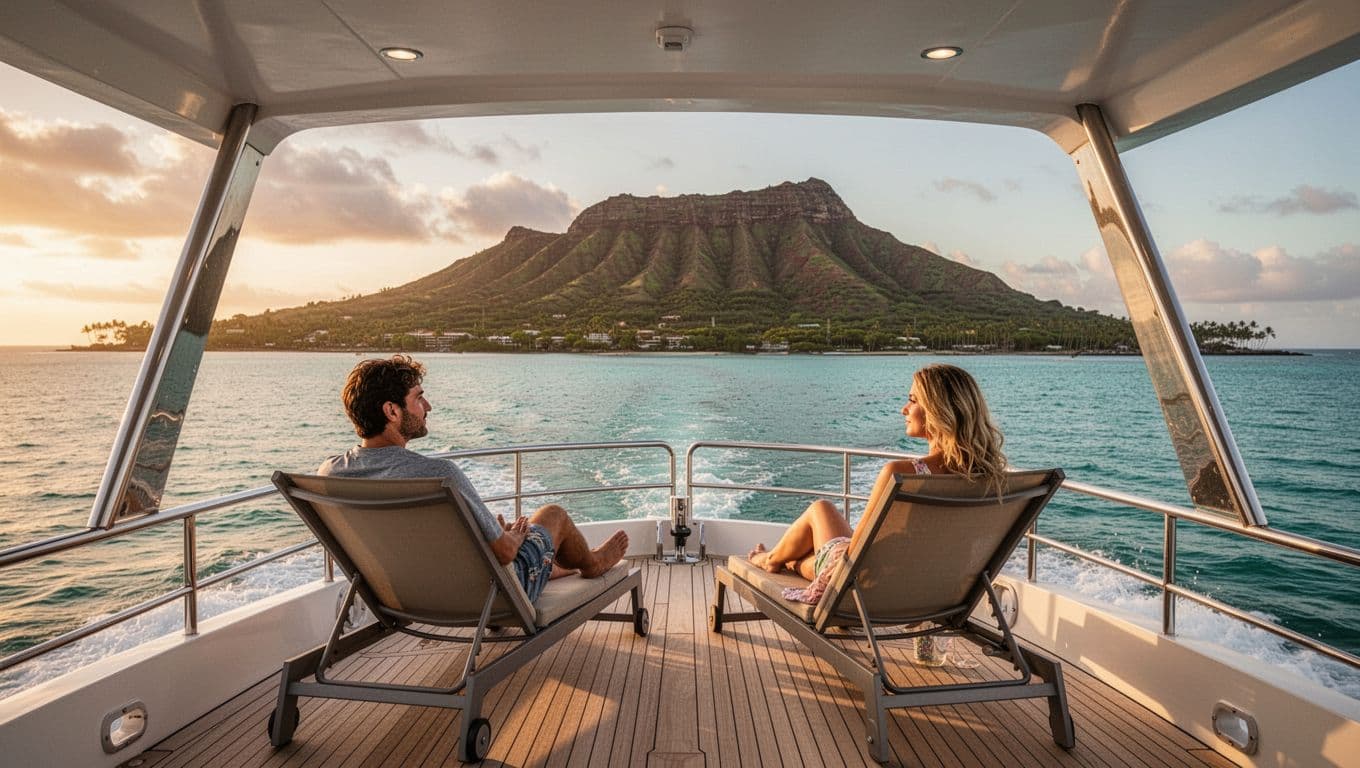 Double-decker boat glides over turquoise waters off Waikiki with Diamond Head in distance, two adults relax on empty upper deck.