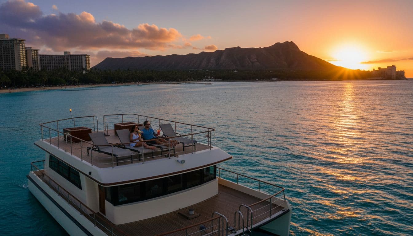 A double-decker boat cruises calm turquoise waters off Waikiki Beach with Diamond Head in the background. Passengers on the upper deck relax and enjoy the vibrant Hawaiian sunset in cinematic style.