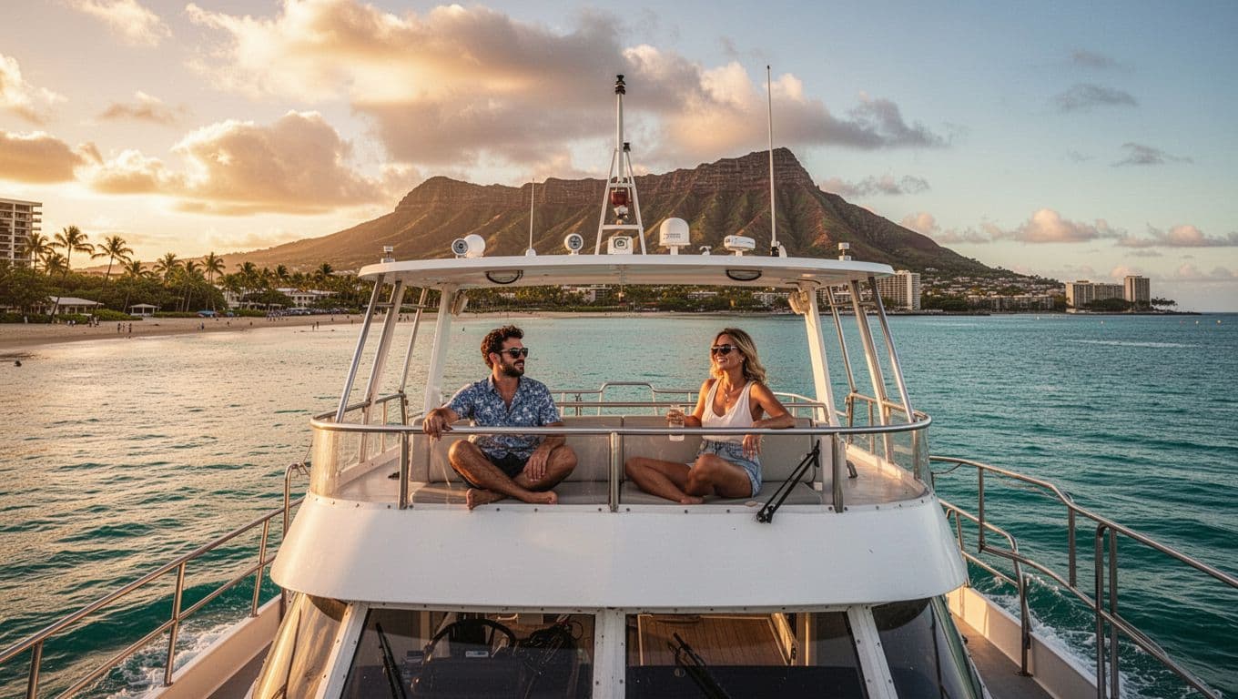 A double-decker boat cruises calm turquoise waters off Waikiki Beach at sunset, with the Hawaiian coastline and Diamond Head in the background. Two passengers relax on the open deck, enjoying cinematic golden hour views with strong contrast and depth.