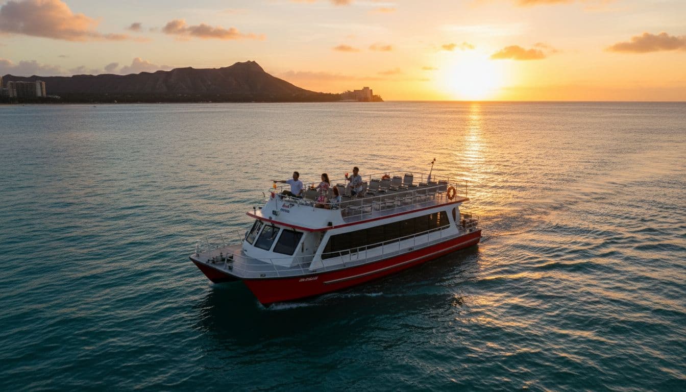 Double-decker tour boat sails turquoise waters off Waikiki at sunset, Diamond Head silhouetted, four passengers relax on upper deck.