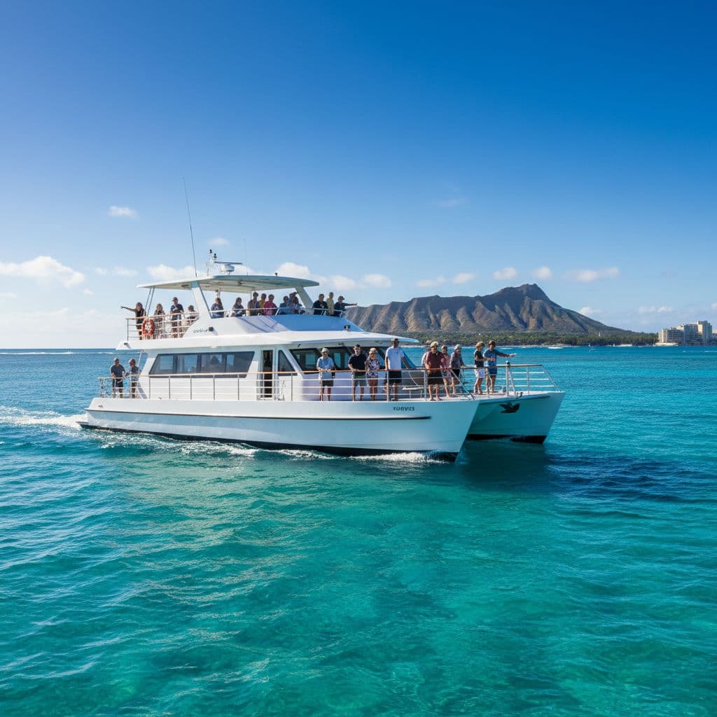 A double-decker boat cruises through clear turquoise waters near Waikiki with Diamond Head visible in the background.