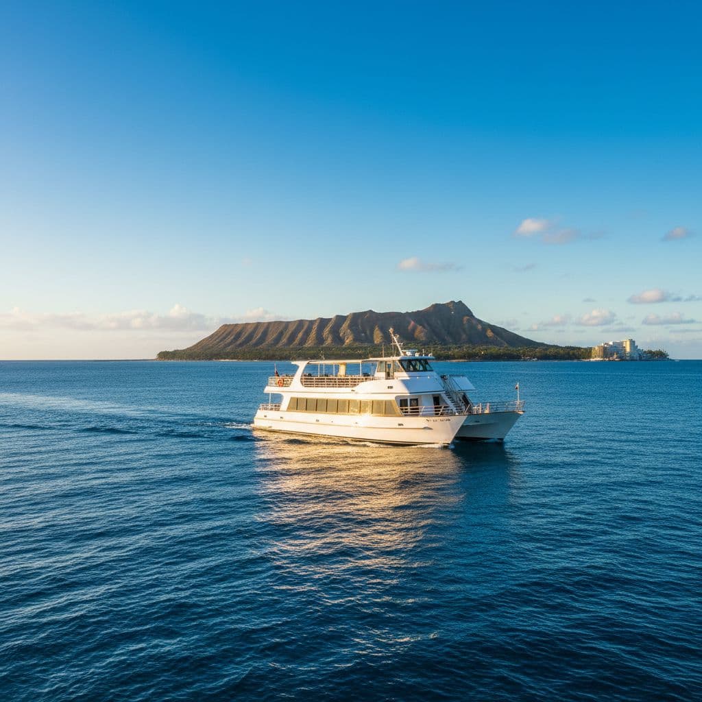 A sleek boat cruises on calm blue water with Diamond Head visible in the background.