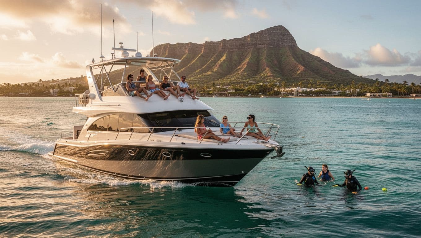 A double-decker powerboat cruises calm turquoise waters off Waikiki Beach under golden hour lighting, with passengers relaxing on the upper deck and Diamond Head in the background.