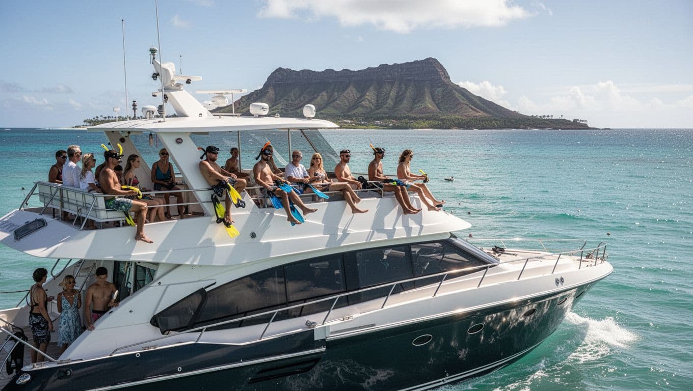 Double-decker powerboat cruising calm turquoise waters off Waikiki Beach, Diamond Head volcano in the background, passengers on upper deck with snorkel gear enjoying scenic views.
