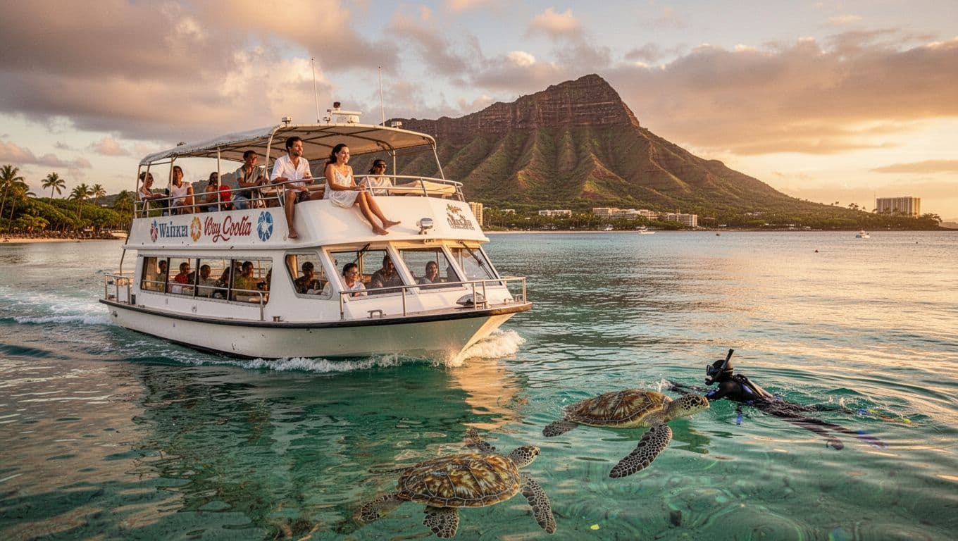Double-decker tour boat glides through calm turquoise waters near Waikiki Beach on Oahu, Hawaii, with Diamond Head crater in the sunset background. Passengers relax on the upper deck while one snorkels with Hawaiian green sea turtles.