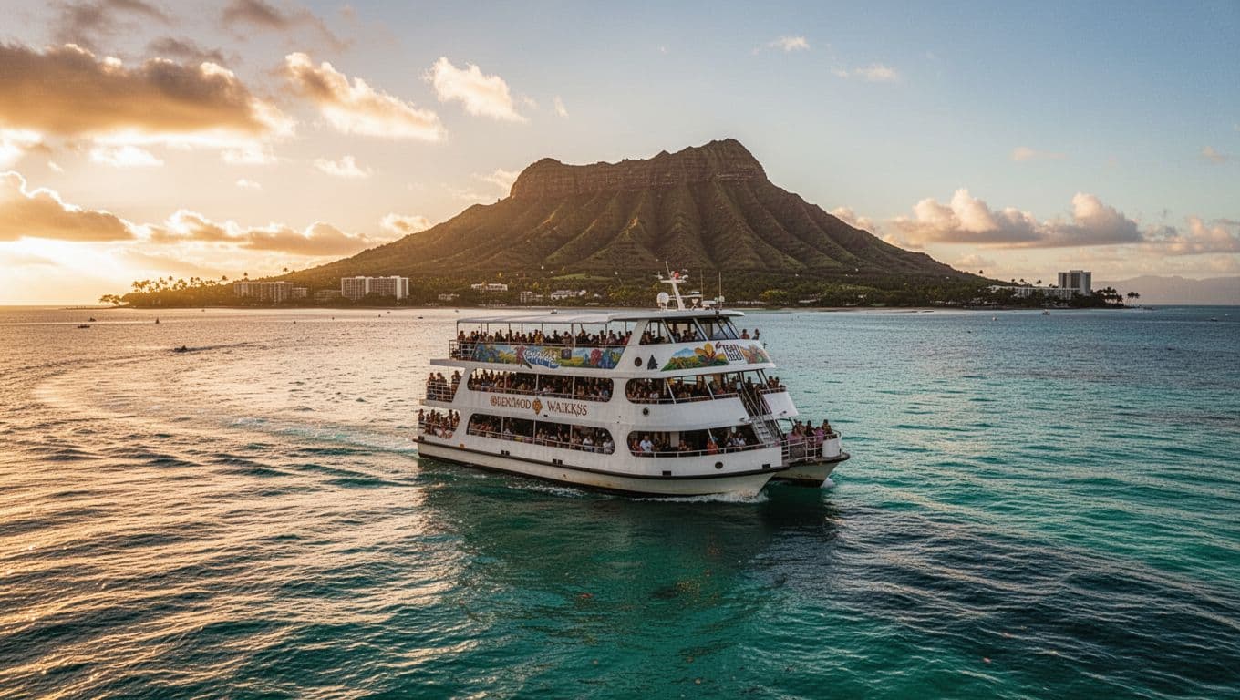 A double-decker tour boat cruises calmly along turquoise ocean waters off Waikiki Beach, with Diamond Head crater in the background under golden sunset light. Exactly one boat centered in frame with wide ocean horizon and passengers relaxing on open decks in cinematic style.