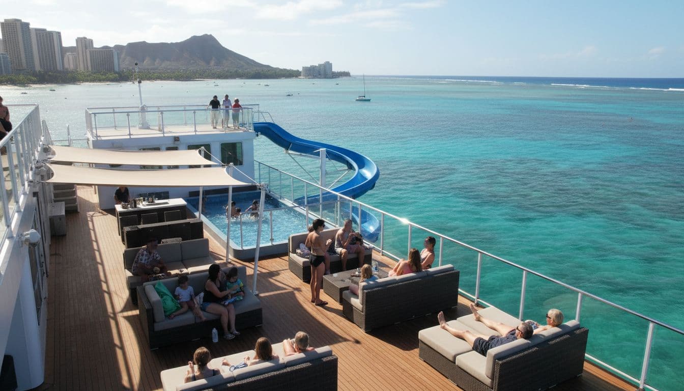 Spacious upper deck of a double-decker boat at sea with Waikiki background, shaded seating for families and couples relaxing, ocean views, and amenities like a distant water slide on a bright sunny day in Hawaii.