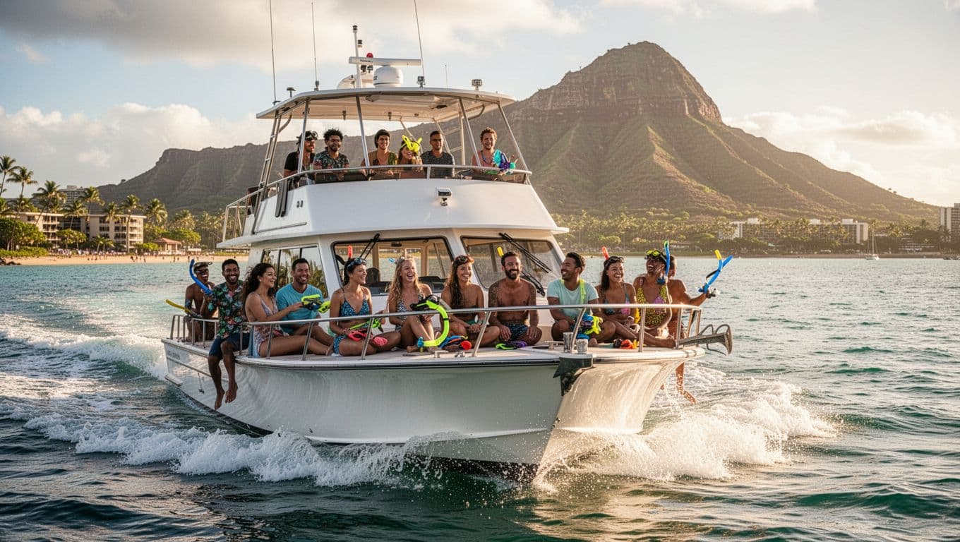 Vibrant double-decker boat cruising Waikiki waters on a sunny weekend with a diverse group of ten smiling passengers chatting, some with snorkel gear, lively energy, ocean spray, and Diamond Head in the distance.