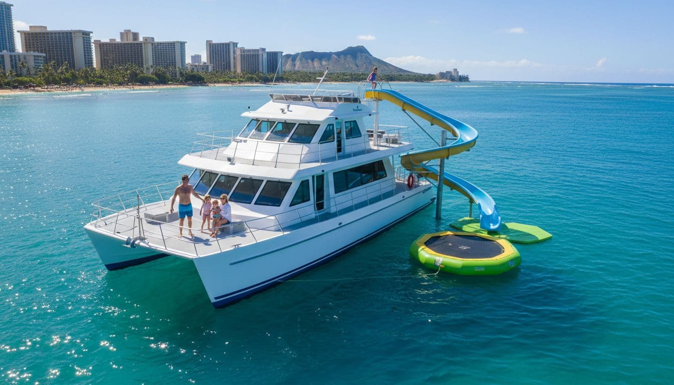 Double-decker power catamaran with water slide on upper deck, water trampoline and lily pad in calm ocean off Waikiki shoreline, family of four enjoying stable ride on bright sunny day.