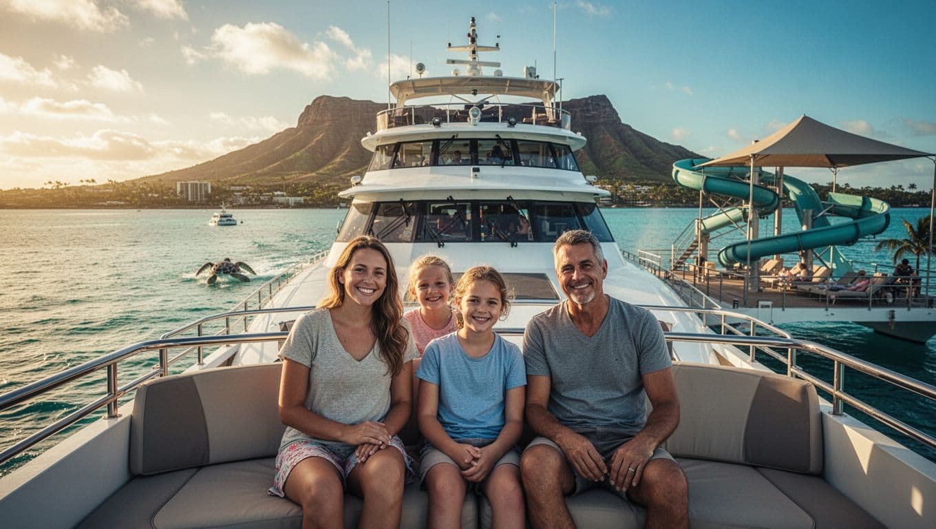 A happy family of four relaxes on the upper open deck of a double-decker tour boat cruising calm turquoise Waikiki waters toward Turtle Canyon, Oahu, with Diamond Head volcano in the background under golden hour sunlight.