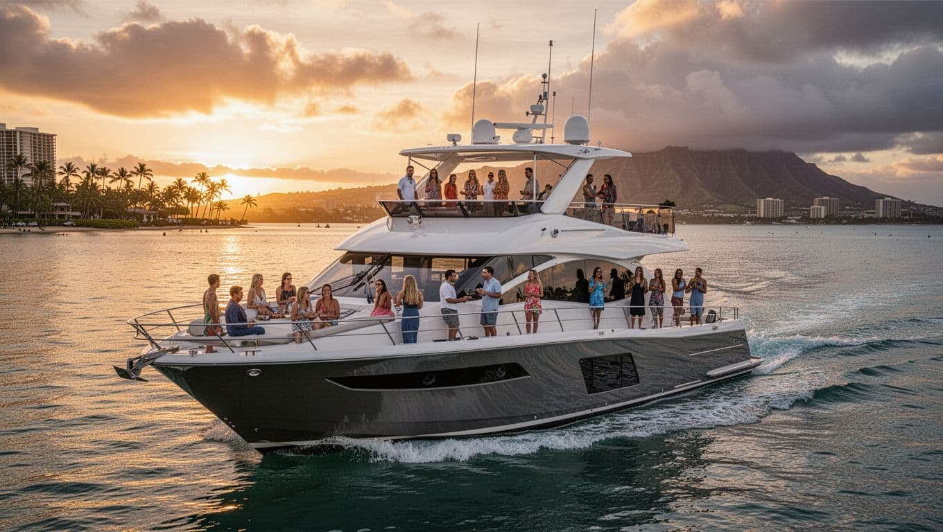 Double-decker powerboat resembling Coral Kai cruises calm Waikiki waters at sunset with 12-15 guests on open decks, Oahu shoreline in background, family-friendly cinematic vibe with dramatic warm lighting.