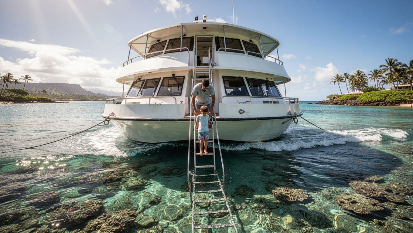 A double-decker boat anchored in a calm bay off Waikiki, Oahu, with ladders descending to clear water over a vibrant reef. Exactly one relaxed adult and one child prepare for a family-friendly snorkel tour on a sunny day with soft waves.