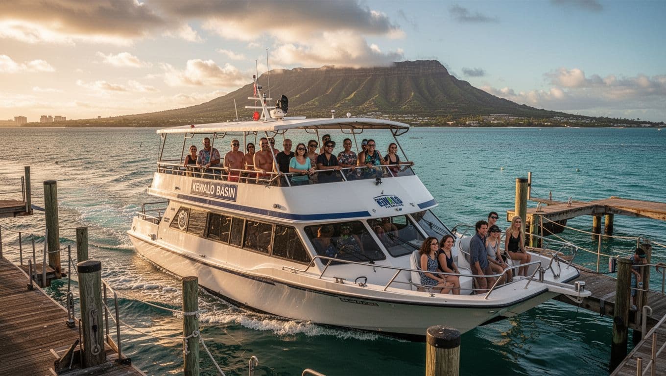 Double-decker tour boat leaves Kewalo Basin Harbor with 12 smiling passengers on upper deck, turquoise ocean and Diamond Head ahead.