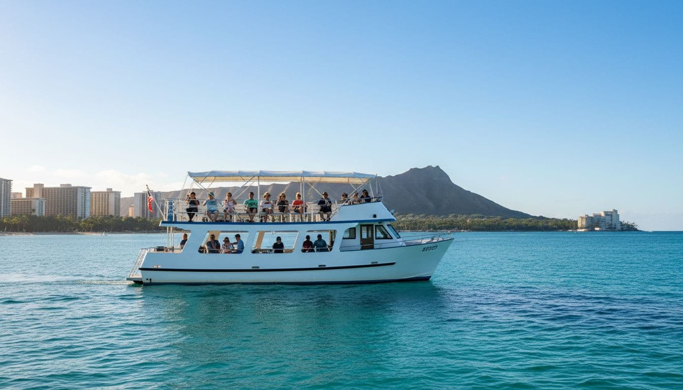 A double-decker tour boat glides on calm turquoise waters off Waikiki, with Diamond Head in the background and passengers relaxing on the upper deck.