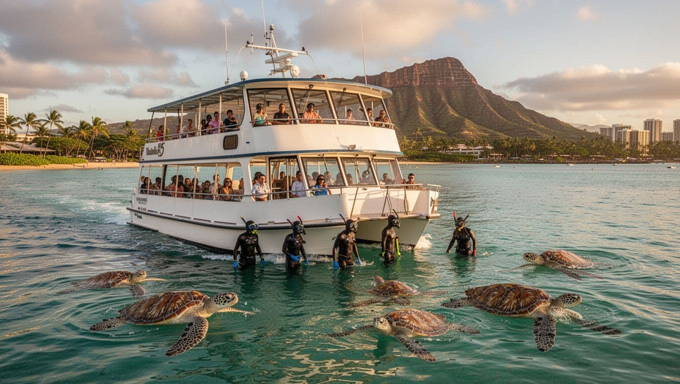 A double-decker boat with water slide and trampoline cruises calm turquoise waters off Waikiki, Diamond Head in the background, two snorkelers and Hawaiian green sea turtles nearby in cinematic golden hour light.
