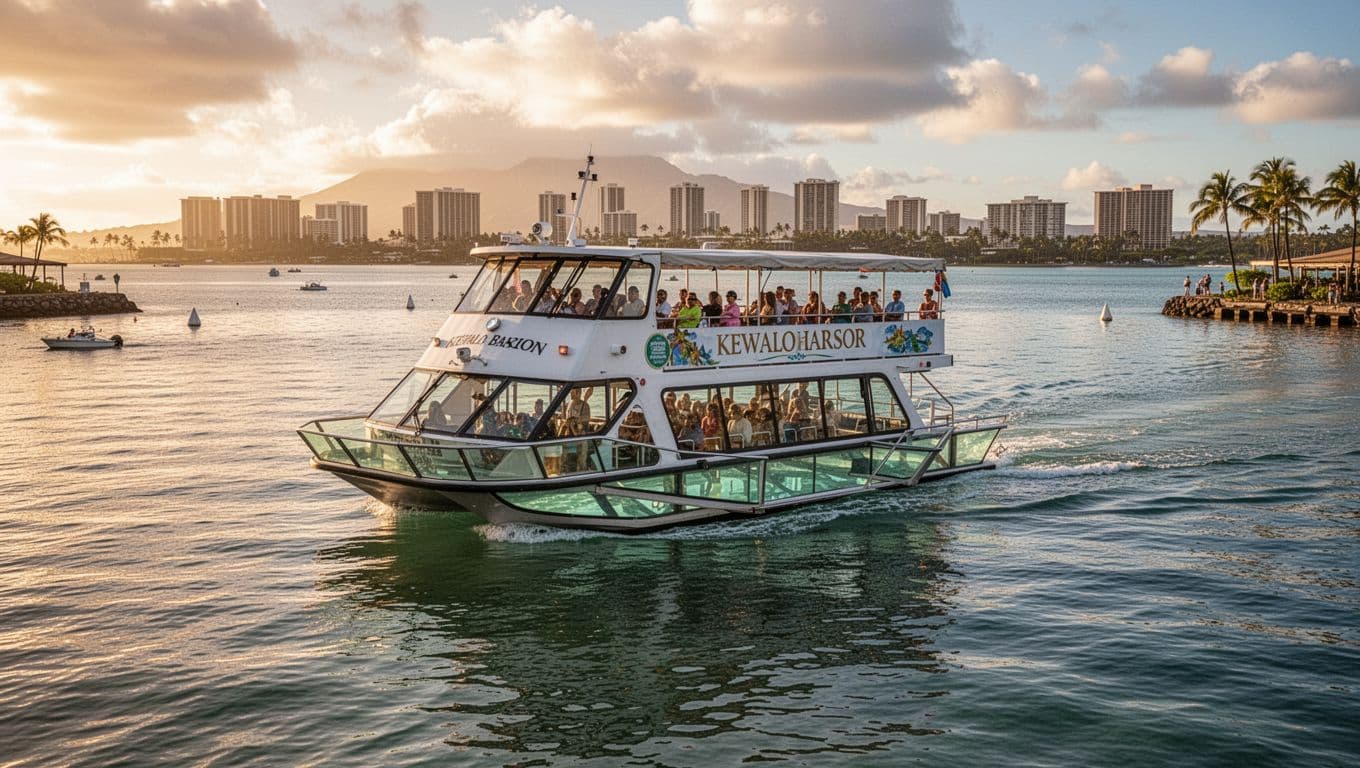 A double-decker boat like Coral Kai at Kewalo Basin Harbor with Waikiki skyline in the distance on a calm sea, captured in cinematic golden hour lighting with strong contrast and dramatic depth. No people, text, or logos visible.