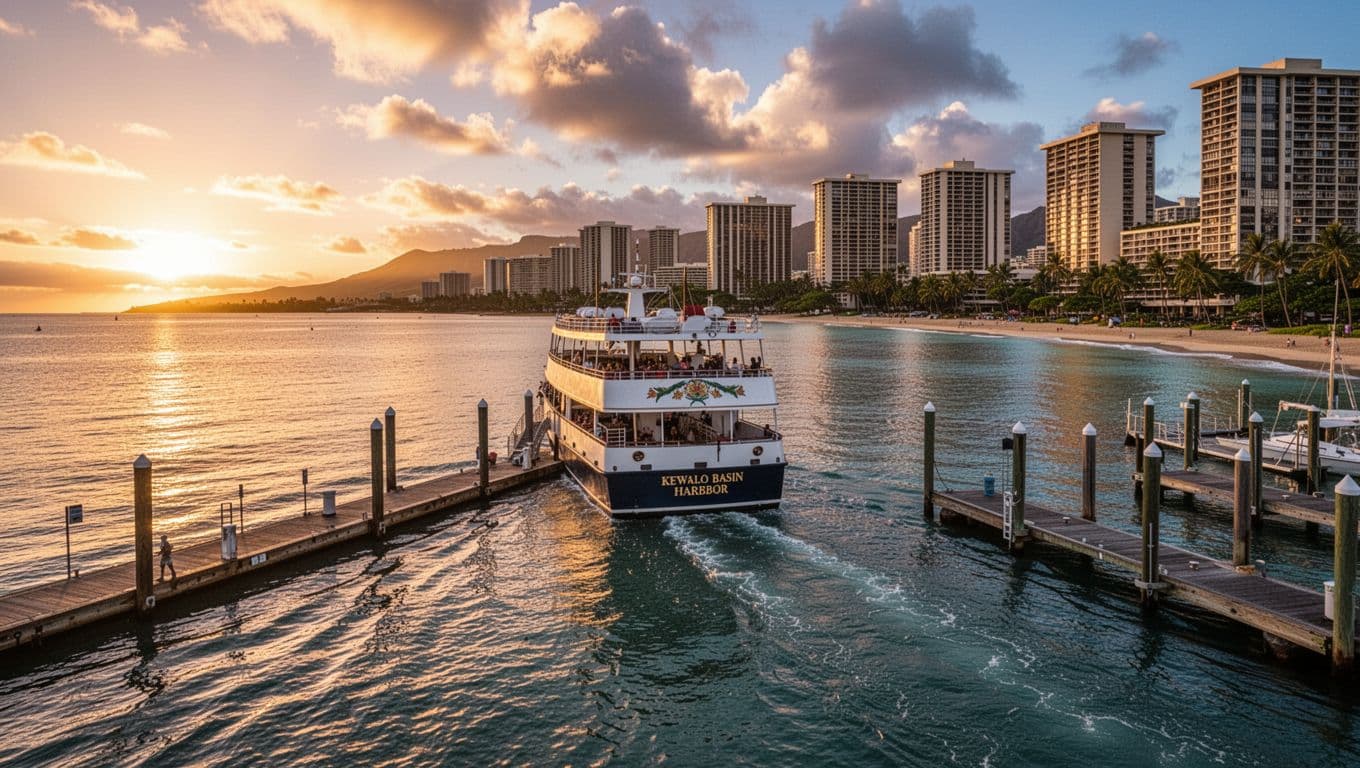 Double-decker boat departing Kewalo Basin Harbor near Waikiki at sunrise, showcasing calm ocean, Oahu coastline with high-rises and beach, ready for half-day snorkel tour in cinematic style with dramatic warm lighting.