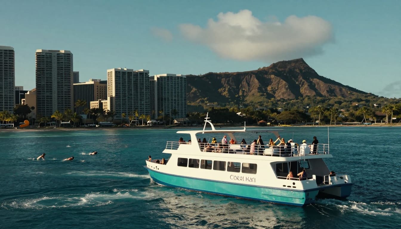 Double-decker boat with water slide cruises Waikiki waters as guests snorkel nearby reefs with Diamond Head in background.