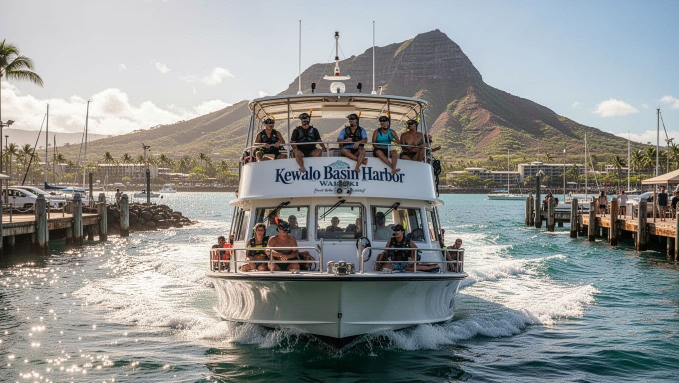 Double-decker boat departing Kewalo Basin Boat Harbor near Waikiki for Turtle Canyon snorkel tour on a sunny day, with ocean waves, Diamond Head in background, and small group of six guests on upper deck with snorkel gear.