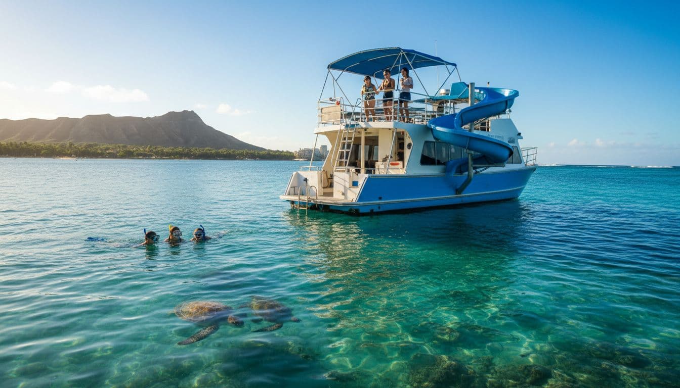 Double-decker boat with water slide cruises turquoise waters off Waikiki, four relax on upper deck, two snorkelers spot sea turtles near Diamond Head.