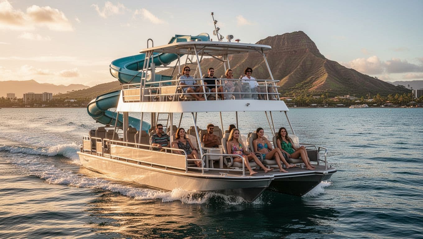 Custom double-decker snorkel boat featuring a water slide cruises smoothly through calm Waikiki ocean waters near Diamond Head at golden hour, with four relaxed passengers lounging on shaded seats.