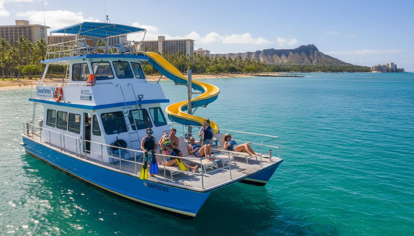 Double-decker tour boat anchored off Waikiki featuring a water slide, calm blue ocean, palm-lined shore, sunny day with people in snorkel gear relaxing on deck.