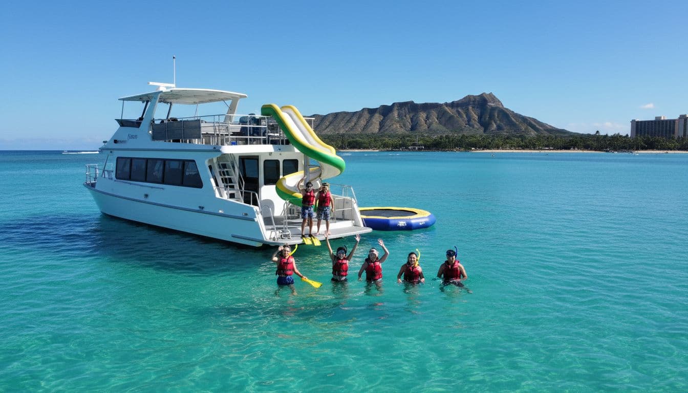 Modern double-decker tour boat anchored in calm turquoise waters off Waikiki Beach with happy snorkelers entering the water, featuring water slide and trampoline, Diamond Head in background on a sunny day.