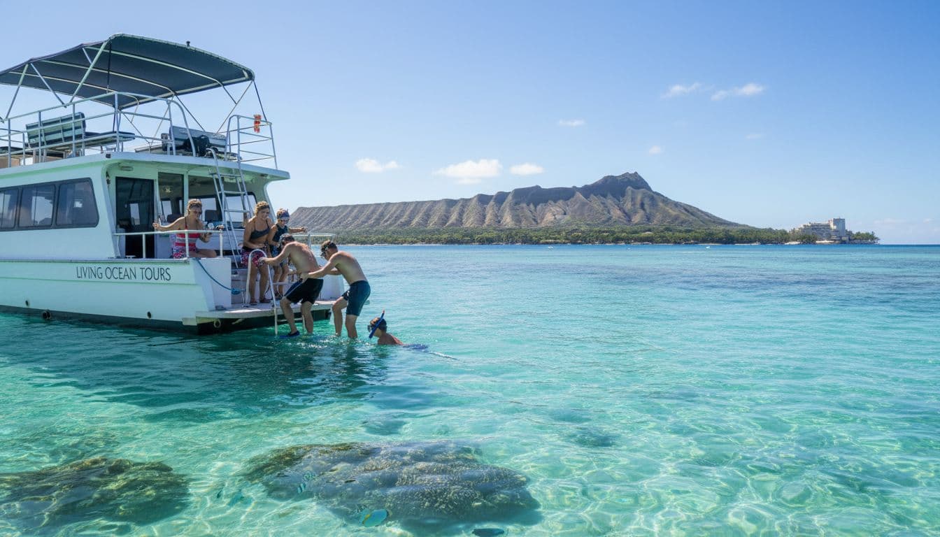 Double-decker tour boat anchored in calm turquoise waters near Waikiki reef with snorkelers entering via ladder, distant Diamond Head volcano under sunny blue skies, featuring two adults and one child on deck in a relaxed family-friendly scene.