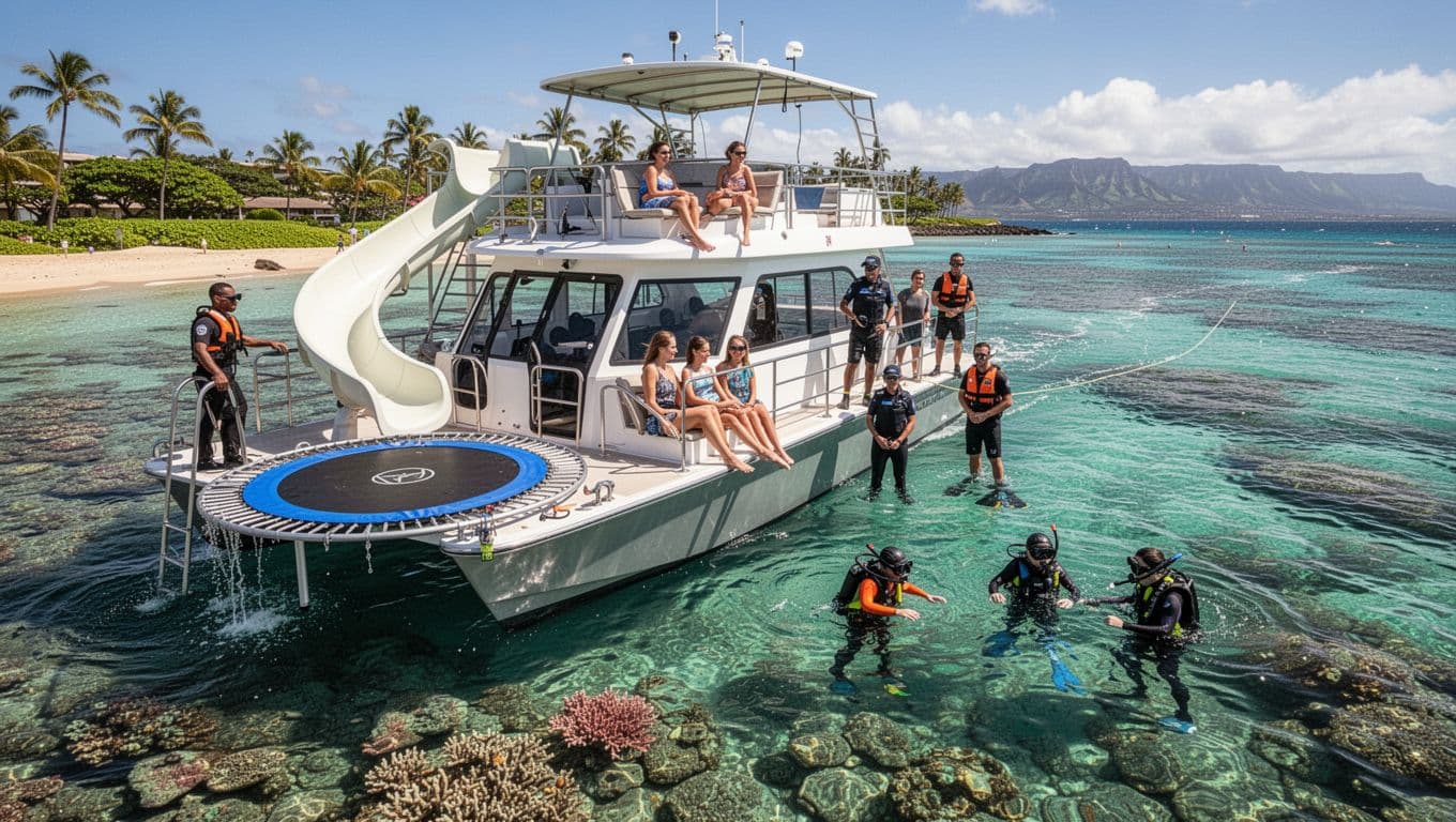 A double-decker boat like Coral Kai anchored off Waikiki, Oahu, with water slide and trampoline, as a family of six enjoys snorkeling in turquoise waters over a coral reef under professional guide oversight on a sunny day.