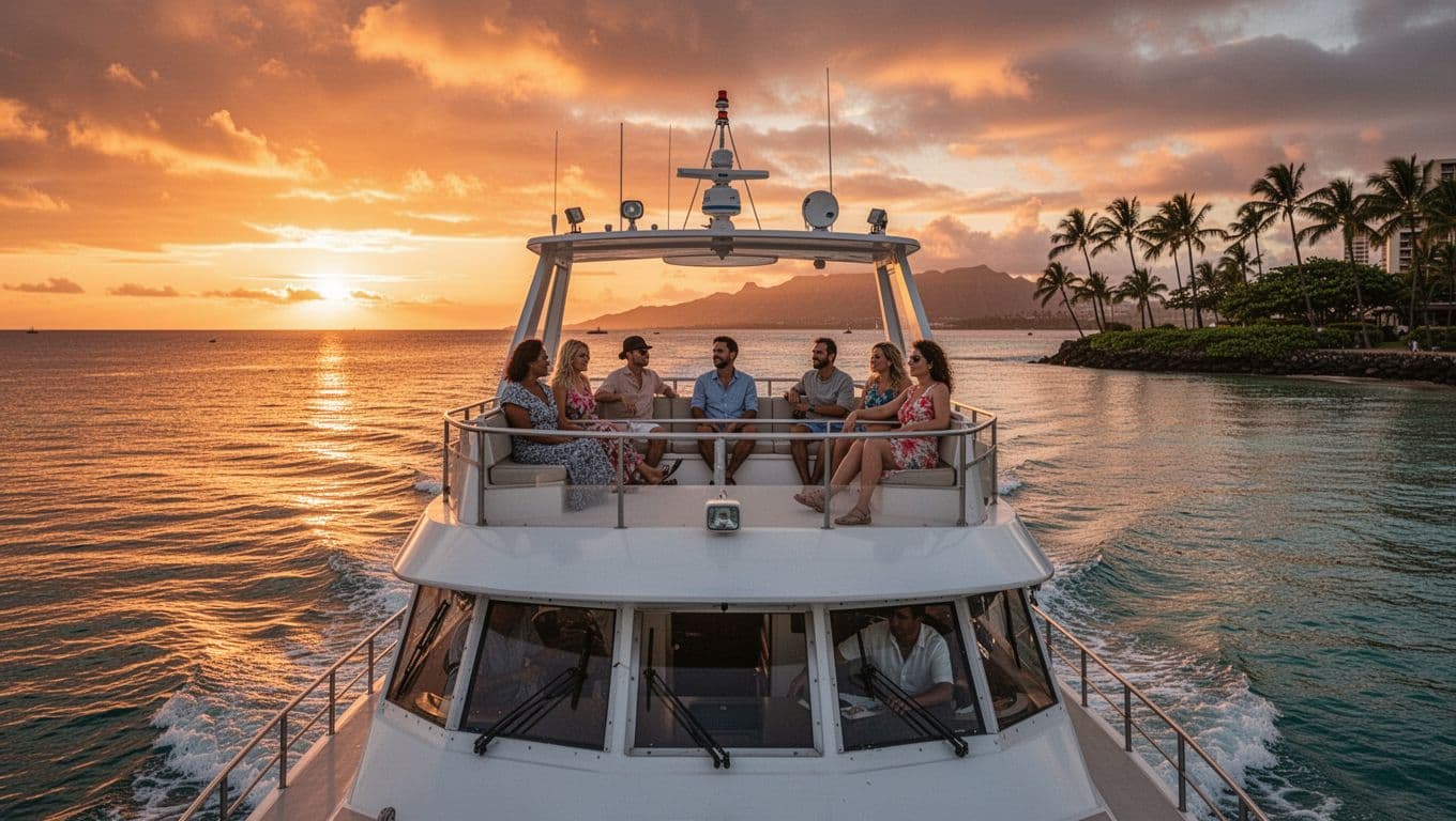 Double-decker boat cruising calm Waikiki waters at sunset with a family relaxing on the upper deck, orange golden sky reflecting on the ocean, palm trees on shore in cinematic style with dramatic lighting.