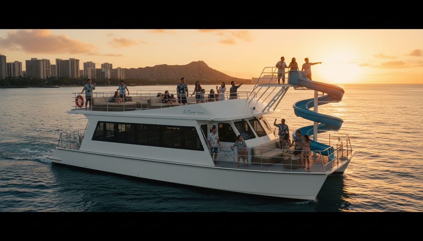 Double-decker boat cruises calm waters near Waikiki coast at sunset, 10-15 people on deck by water slide.