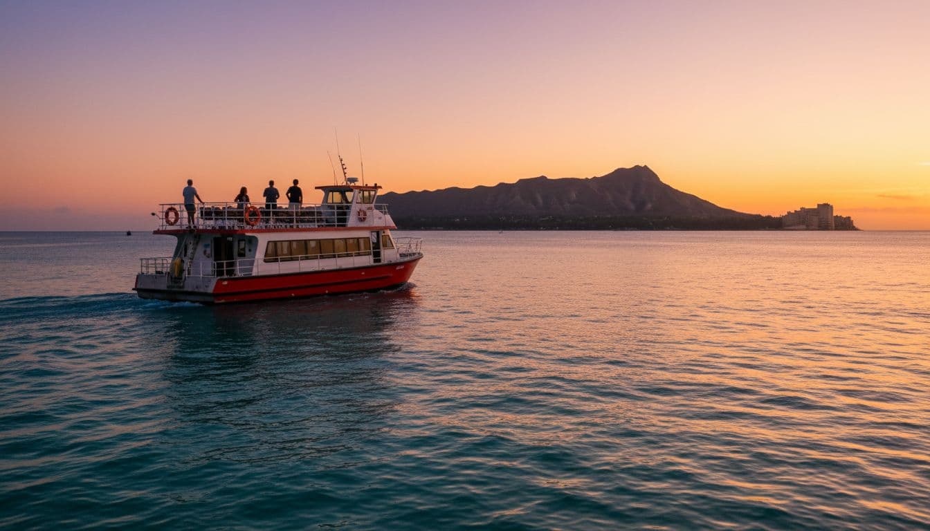 Double-decker tour boat gliding along calm turquoise Waikiki ocean waters during golden hour sunset, distant Diamond Head volcano silhouette, few relaxed passengers on open upper deck enjoying views.