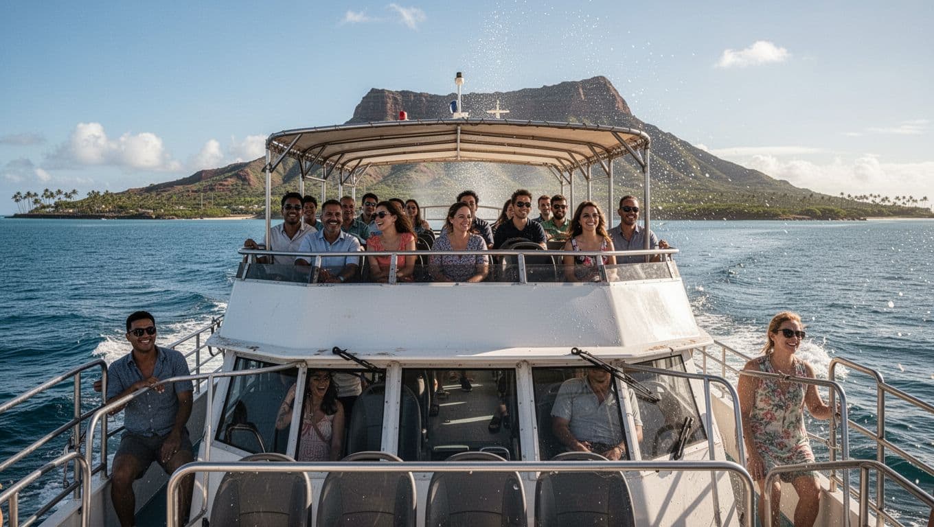 Double-decker tour boat cruises calm Waikiki waters with Diamond Head in distance, passengers on shaded upper deck.