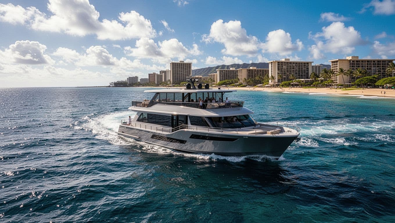 A modern double-decker tour boat cruises the blue ocean with the Waikiki coastline visible in the distance.