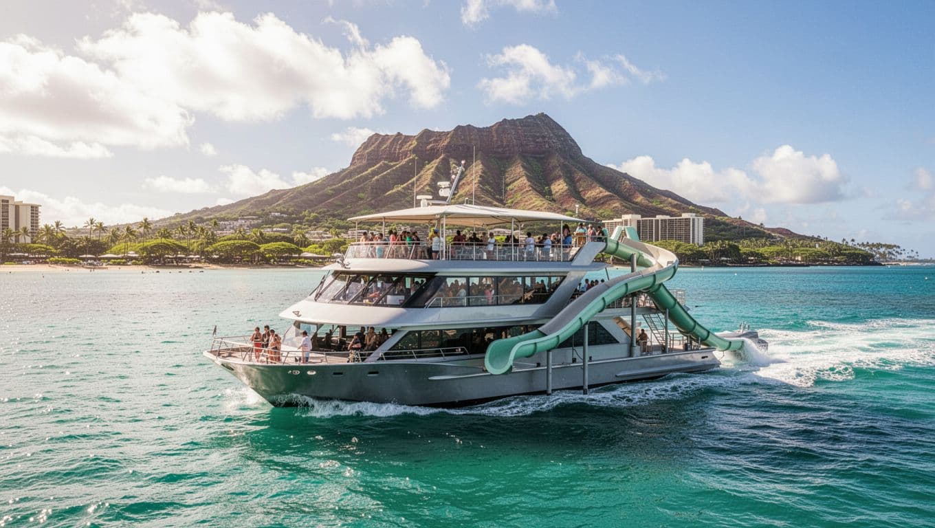 Double-decker tour boat with water slide cruising turquoise waters off Waikiki, Diamond Head prominent in background on a sunny day with dramatic cinematic lighting.