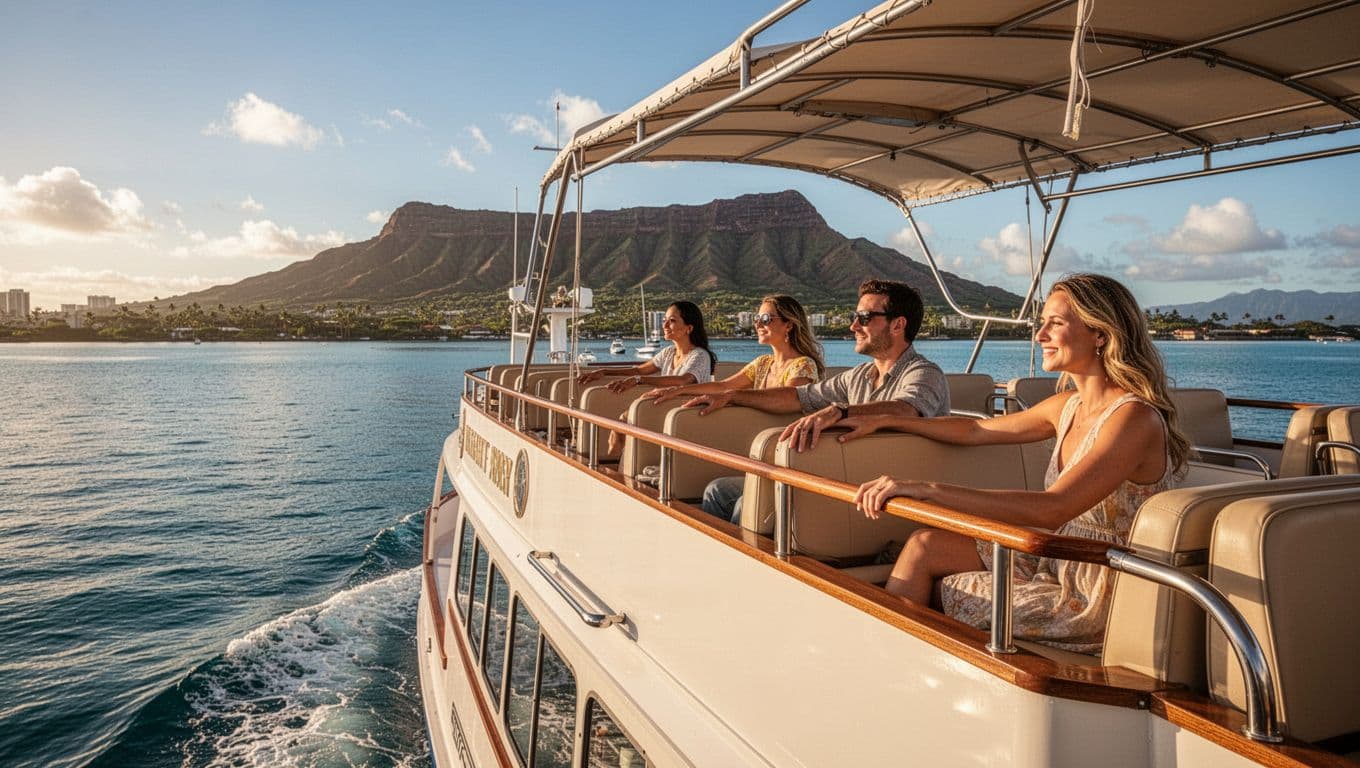 Double-decker tour boat sails calm ocean near Waikiki with Diamond Head in background, three passengers on upper deck.