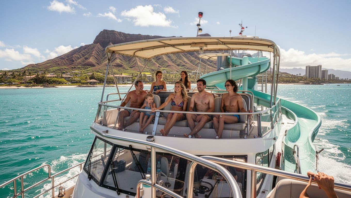 Double-decker tour boat sails along Waikiki coastline with Diamond Head crater in the distance and sparkling turquoise waters. Family of four relaxes on upper deck with shaded seating and water slide under dramatic midday lighting.