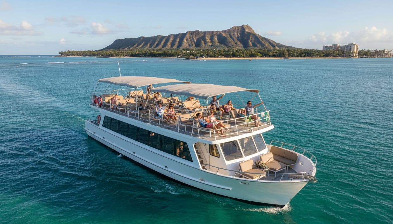 A double-decker tour boat like Coral Kai cruises calm turquoise waters off Waikiki Beach on a sunny day, featuring an expansive open deck with shaded seating, distant Diamond Head volcano, and a happy family group relaxing.